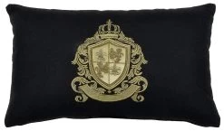 Fleur De Lys & Lions On Black Wool Rectangle Embroidered Cushion