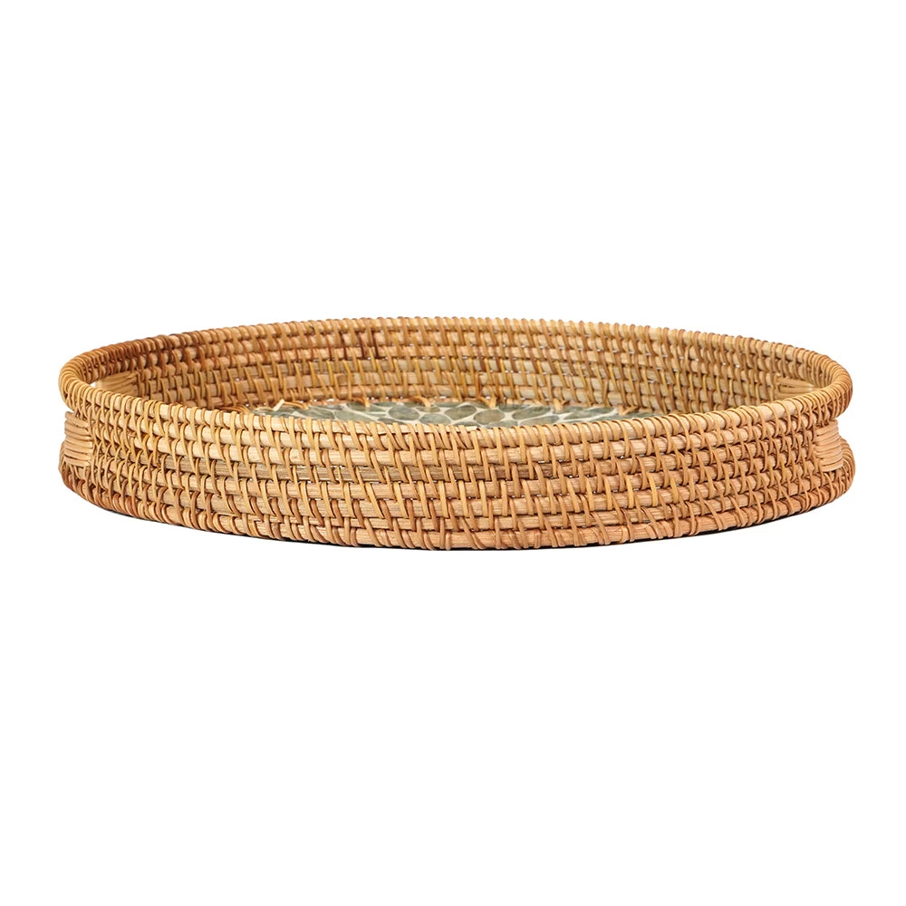 MOTHER OF PEARL ROUND RATTAN TRAY FLORAL 4 MOTHER OF PEARL ROUND RATTAN TRAY FLORAL - Image 4