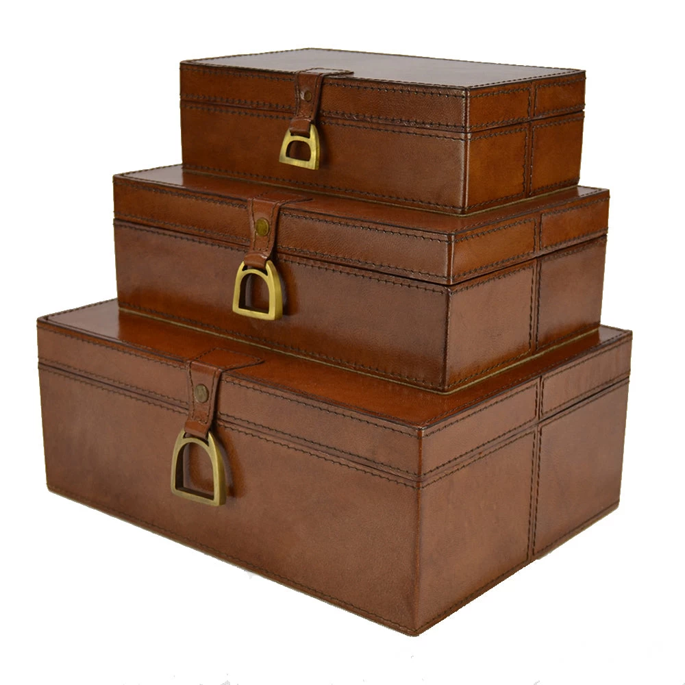 Carver Set/3 Leather Boxes With Stirrups Tan 1 Carver Set/3 Leather Boxes With Stirrups Tan