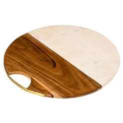 Sita Luxe Wood And Marble Round 40cm Cheese Board With Leather Handle