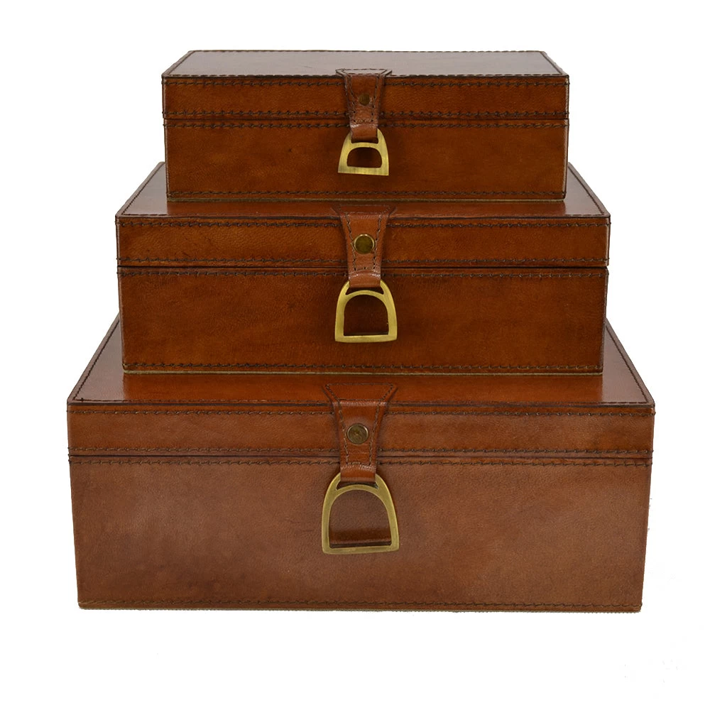 Carver Set/3 Leather Boxes With Stirrups Tan 2 Carver Set/3 Leather Boxes With Stirrups Tan - Image 2