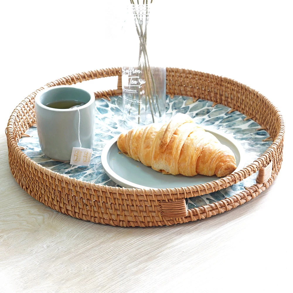 MOTHER OF PEARL ROUND RATTAN TRAY FLORAL 5 MOTHER OF PEARL ROUND RATTAN TRAY FLORAL - Image 5