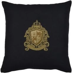 Fleur De Lys And Lions On Black Wool Square Embroidered Cushion